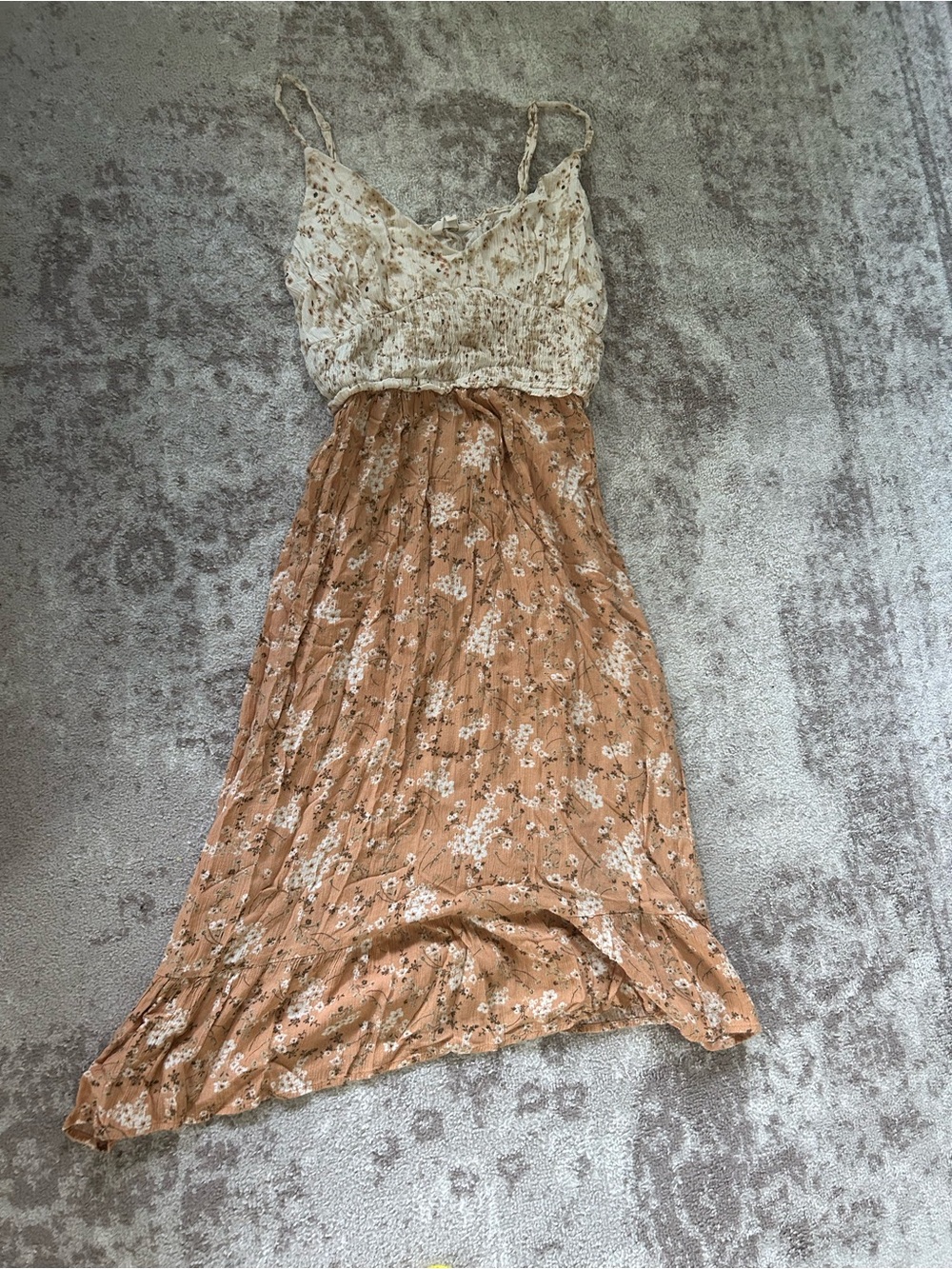 Lulu's Two-Tone Floral Midi Dress in Cream and Tan